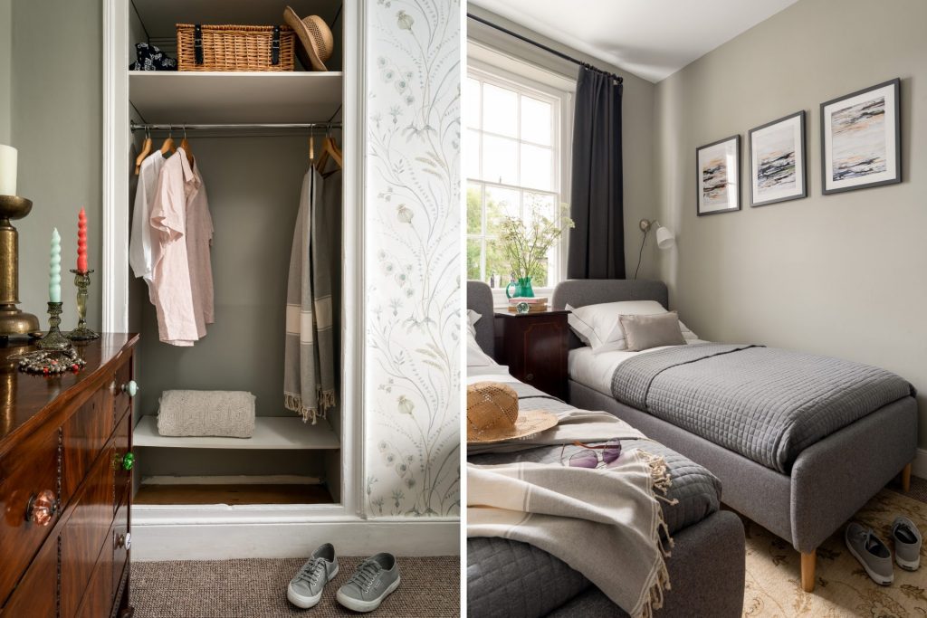 Charming Totnes cottage bedroom with traditional furnishings and natural light. Photography by Sue Vaughton.