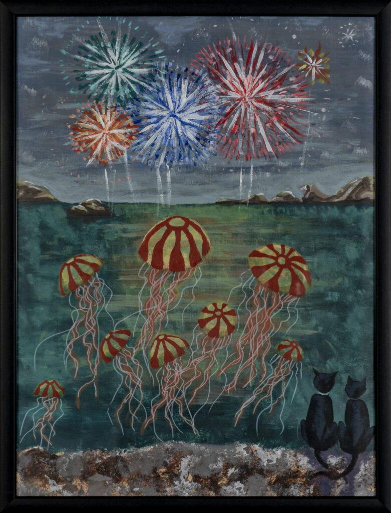 Cats watching jellyfish and fireworks at night