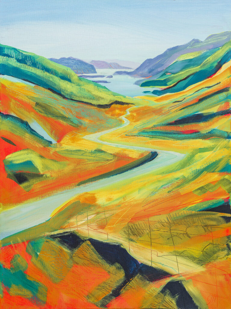 Colourful abstract landscape with winding river painting
